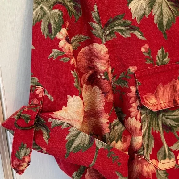 LRL Linen Floral Button Down Camp Shirt Women’s Medium Cottagecore Red Green - Picture 6 of 16